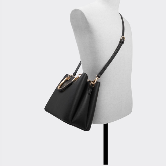 NWT Aldo Black Satchel Tote Bag with White|Black Snake Skin Bag Charm - Picture 13 of 14